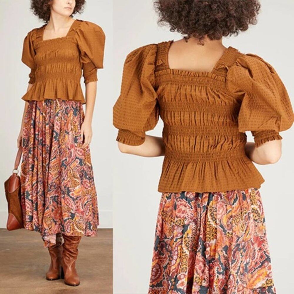 NEW Sea New York Sevyn Solid Seersucker Long Sleeve Smocked Top Brown Size: XS